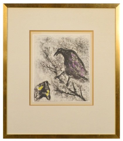 Marc Chagall (Russian, 1887–1985) #: Le Corbeau et le Renard (The Crow and the Fox) (C22), 1952. Hand-colored Etching, Watermarked BFK. Plate-signed (l.c.) and titled in pencil (l.l.). Sight size 12 1/2 x 10 1/2 inches. Framed.