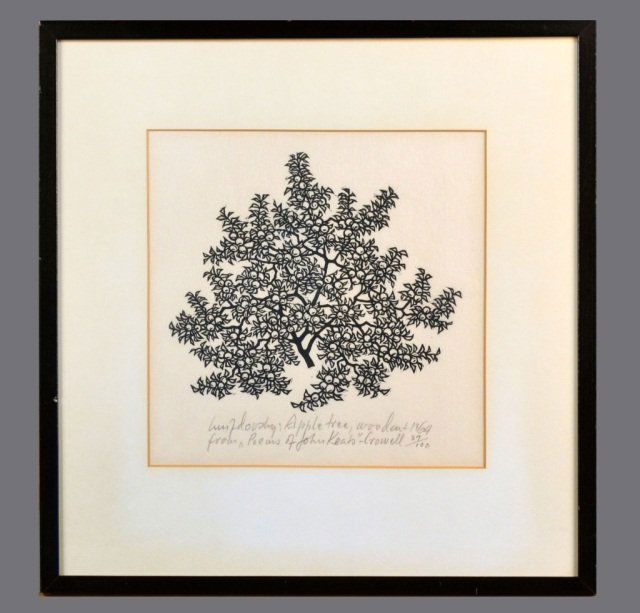 Jacques Hnizdovsky (Am., Ukranian, 1915-1985) #: Appletree woodcut from poems of John Keats Cromwell. Woodcut on paper, 1964. Signed in pencil (l.l.), numbered 37/100 (l.r.), and titled in pencil (l.c.). Sight size 8 1/2 x 8 1/2 inches. Framed and m