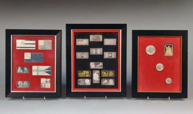 Group of Assorted Framed Ingots: Collected in to three frames, including flags, coins, and money. Largest frame, 11 1/2 x 9 1/2 inches.