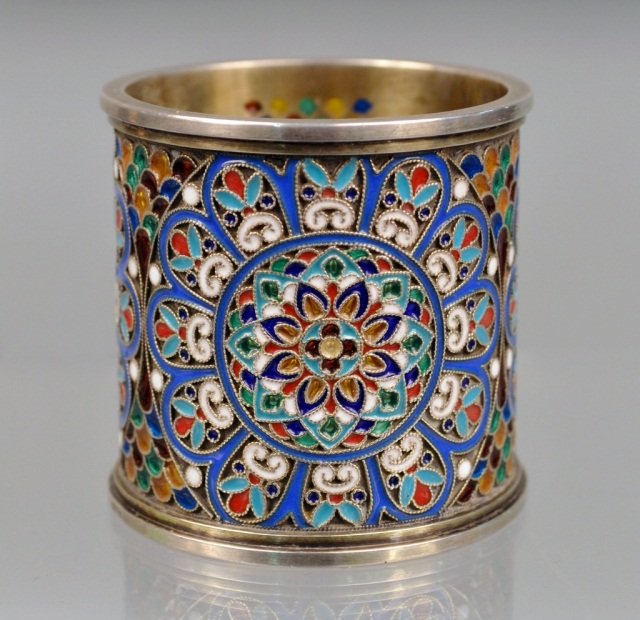 Russian Plique a Jour Enamel Napkin Ring: Stylized floral and scroll decoration, signed in cyrillic. Diameter 1 3/4 inches.