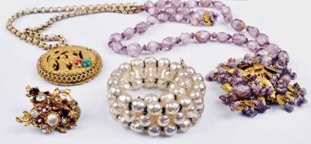 Three Miriam Haskell Jewelry Articles: Two necklaces and bracelet; together with a DeMario brooch.