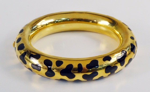 Angela Cummings Gold and Enamel Bangle *: 18k yellow gold with animal print enamel decoration. 47.5 dwt.