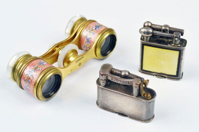 Two Vintage Lighters and Opera Glasses: Opera glasses and one lighter with enamel decorations.