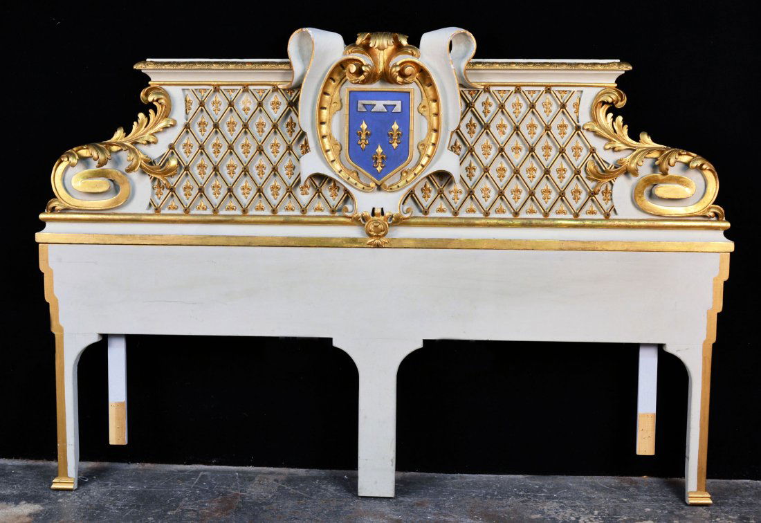 Painted Headboard: White painted and parcel gilt with acanthus, diaper, and fleur de lys decoration. Height 51 inches, width 76 inches. Ex. coll. Anthony Quinn