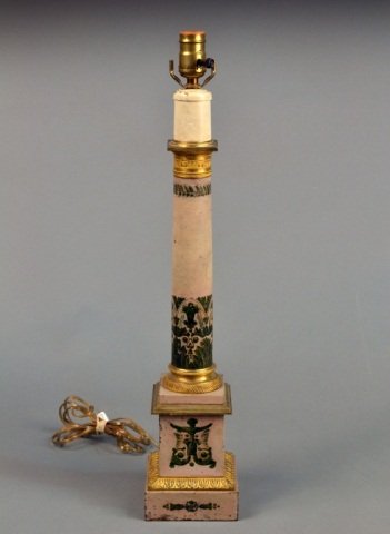 Tole Painted Column Lamp: Neoclassical style, tapered column with gilt metal ring mounted top and bottom on a stepped square base. Height 19 1/4 inches.