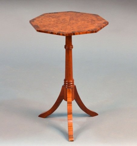 Bird's Eye Candle Stand: Octagonal top with line inlay on a turned support, tripod base. Height 24 inches, width 15 1/2 inches, depth 15 1/2 inches.