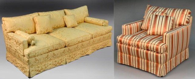 Upholstered Sofa and Lounge Chair: Gold damask upholstered sofa and a striped lounge chair. Sofa height 33 inches, width 7 feet, depth 36 inches; chair height 27 inches, width 33 inches, depth 36 inches.