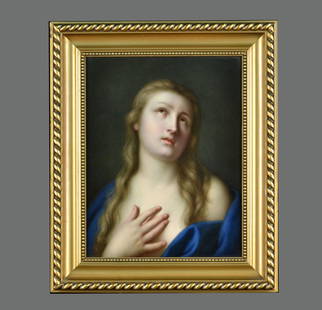 Meissen Porcelain Portrait Plaque: Repenting Magdalena, blue crossed swords mark, inscribed 118 C. 15 1/2 x 12 1/2 inches. Framed.