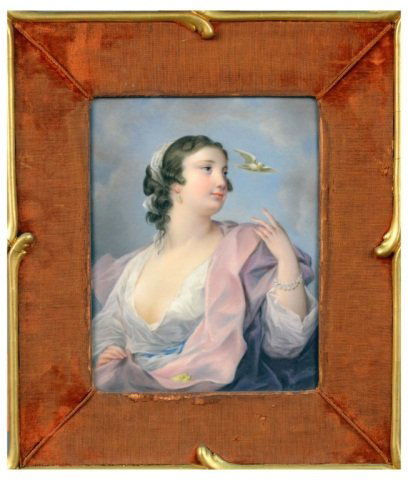 KPM Porcelain Portrait Plaque: Woman Looking over her Left Shoulder with Birds, impressed KPM mark with scepter and 'H', inscribed 9 3/4 - 4 3/8. 10 x 7 1/2 inches. Framed.