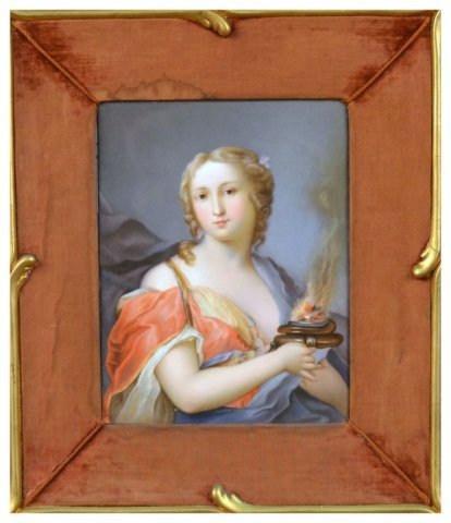 KPM Porcelain Portrait Plaque: Woman Holding a Torch, impressed with KPM mark with scepter and 'H', inscribed 9 3/4 - 7 3/8. 9 3/4 x 7 3/8 inches. Framed.