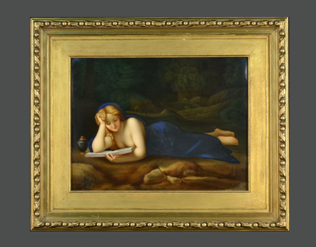KPM Porcelain Plaque: Bussende Magdalena, after Correggio, impressed KPM mark with scepter and letter 'F'. 12 1/2 x 16 1/4 inches. Framed.