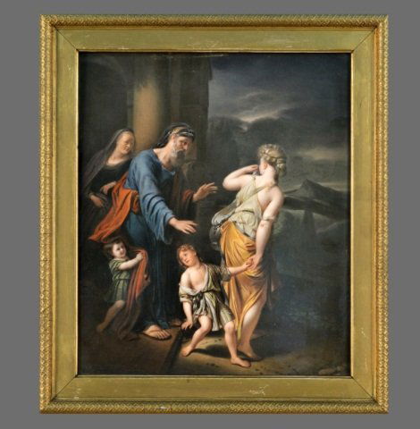 KPM Porcelain Portrait Plaque: Banishment of Ishmael and Hagar, after Adriaen Van der Werff, impressed mark KPM with scepter and 'H'. 13 x 11 1/4 inches. Framed.