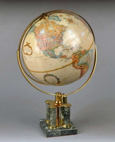 Replogle World Classic Series Globe: On a green marble and brass base. Globe diameter 12 inches, overall height 20 1/2 inches.