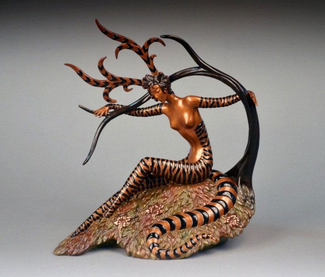 After Romain (Erte) de Tirtoff (Russian,1892-1990): The Hunting. Bronze. Stamped 355/375, Art Renaissance, 1985. Height 14 inches, width 14 inches.