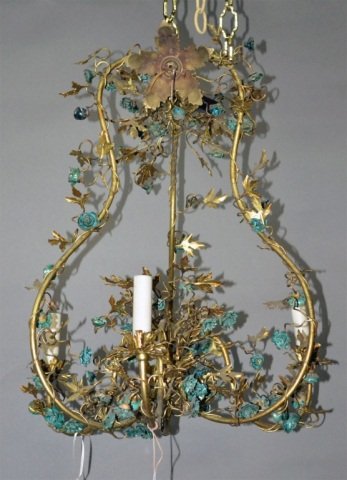 Painted Tole Four Light Cage Fixture: With floral motif. Height 22 inches, width 20 inches.