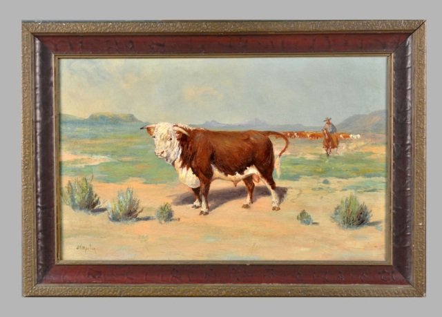 John Howard Martin (American, 1853-1919): Bull With Cowboy. Oil on canvas. Signed (l.l.) 17 x 27 inches. Provenance: Freeman's, Philadelphia