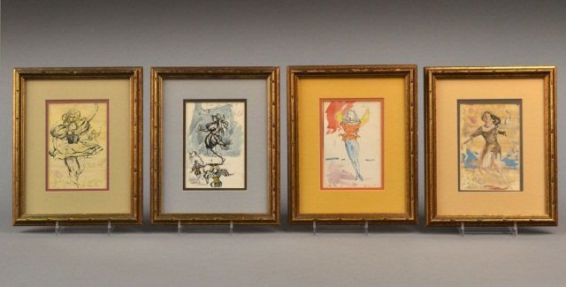 Five works by Leon Kelly (American, 1901-1982): Five works from "Raphael's Jewels" series. Ink and watercolor on paper. Signed, dated and titled in ink. (1) Four figural images, each, sight size 5 5/16 x 3 /9/16 inches. Matted and framed. (2) Two s