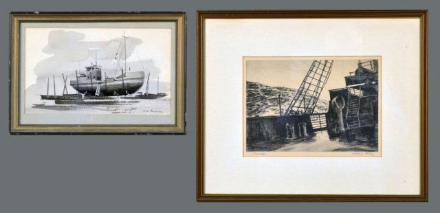 American School (20th Century): (1) James Philip Feriola (American, 1925-1998). Untitled (Sail Boat). Ink and ink wash on paper. Signed (l.r.). Sight size 6 1/2 x 11 inches. Matted and framed. (2) Untitled (Boat scene). Etching on p