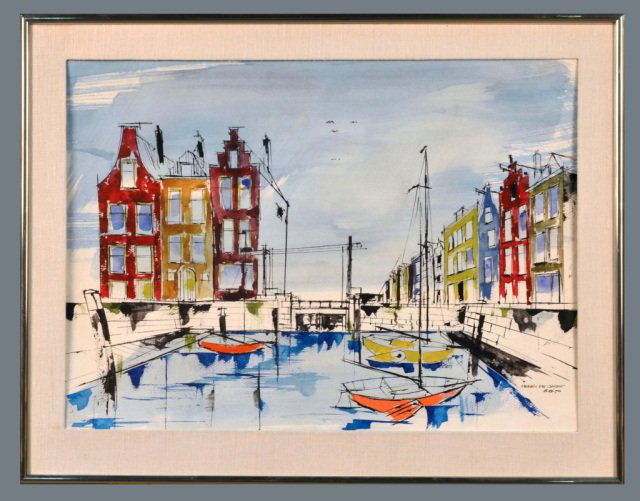 Henry De Jager (Dutch/Canadian, 20th Century): Untitled (Boats at Dock scene). Gouache on paper, 6/8/1970. Signed and dated in pen (l.l). Sight size 19 1/4 x 26 3/4 inches. Matted and framed.