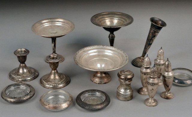 Group of American Sterling Silver Table Articles: Including three compotes, vase, pair of candlesticks, glass coasters, shakers, etc. Weighted.