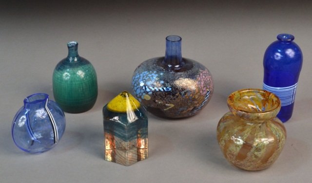 Group of Six Swedish Glass Vases & Paperweight: Four by Kosta Boda, one Reujmyre and one Lars Lundin. Tallest, height 5 1/4 inches.