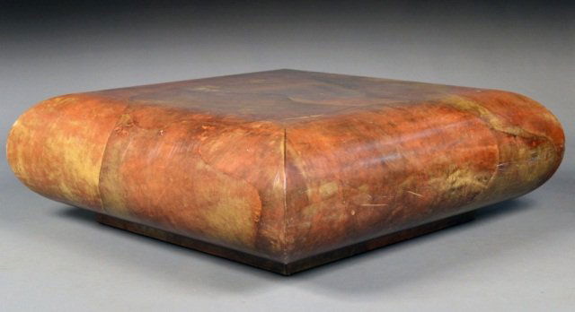 Karl Springer Coffee Table: Square top with molded convex sides on a square foot. Height 16 inches, width 48 inches, depth 48 inches.