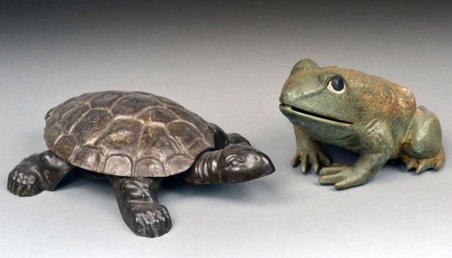 Tortoise Form Spittoon and Frog Door Stop: Turtle with lift top shell, lacking liner. Frog height 6 3/4 inches.