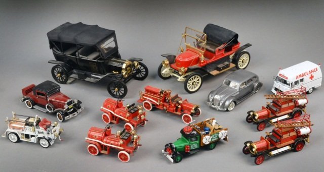 Two Franklin Mint 1:16 Scale Car Models: Comprising a 1911 Stanley Steamer and a Ford Model T, together with eight vintage service vehicles from the Matchbox Models of Yesteryear Collection and a 1:32 scale 1930 Hudson and 1936 Chrysler Airf