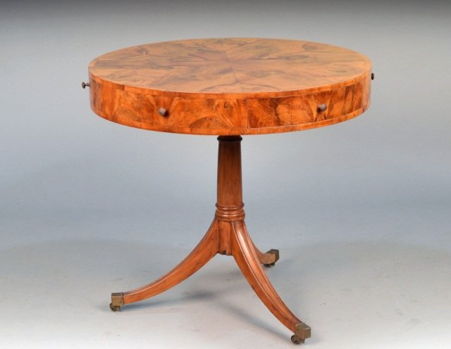 Hepplewhite Style Burl Wood Drum Table: Circular top over two drawers, on a columnar tripod base. Height 28 1/4 inches, diameter 30 inches.