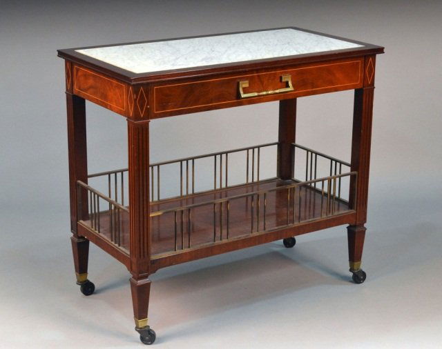 Marble Top Mahogany Server: Rectangular top with inset white marble panel above a single drawer, on square fluted legs joined by a lower shelf. Height 34 1/2 inches, width 38 inches, depth 20 inches.