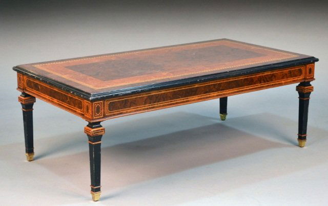 Burl Wood Coffee Table: Rectangular top with inlaid borders on square tapered legs. Height 19 inches, width 51 inches, depth 28 inches. Provenance: From the set of "One Life to Live"