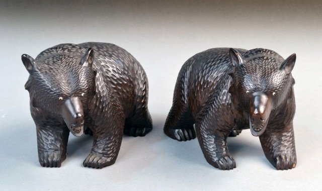 Pair of Black Forest Carved Wood Bears: Each with glass eyes. Height 5 1/2 inches.