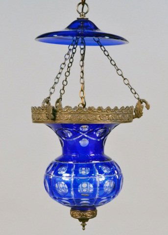Urn Form Fixture: Overlay clear and colbalt glass urn form fixture with bronze mounts Height 28 inches, diameter 16 inches.
