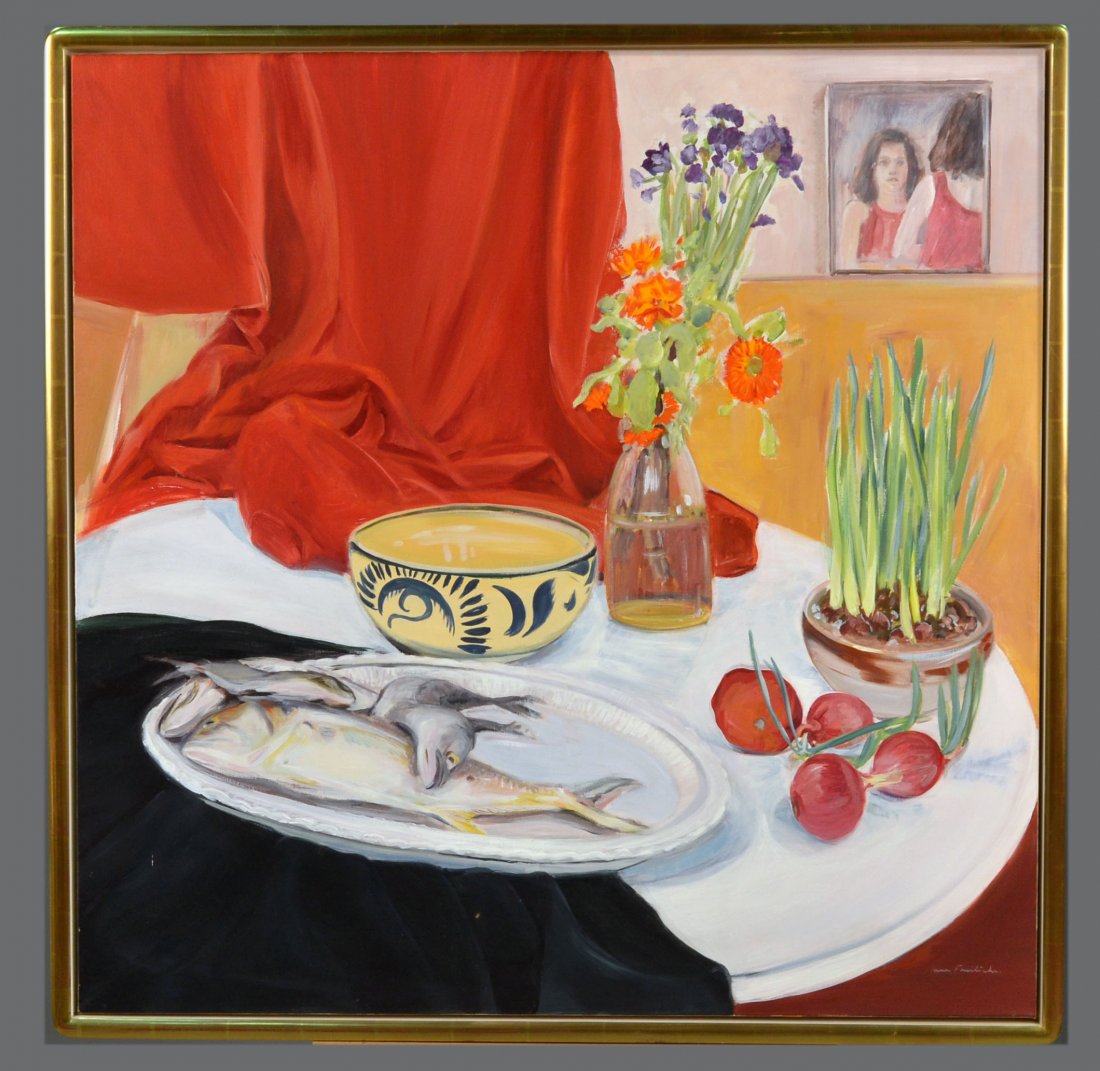 Jane Freilicher (American, b. 1924): Fish, Onions, Flowers and Photo. Oil on canvas, 1981. Signed (l.r.). 40 x 40 inches. Framed. Provenance: Schmidt Bingham Gallery, Fischbach Gallery, ex collection of the Contemporary Art Museum, New Y