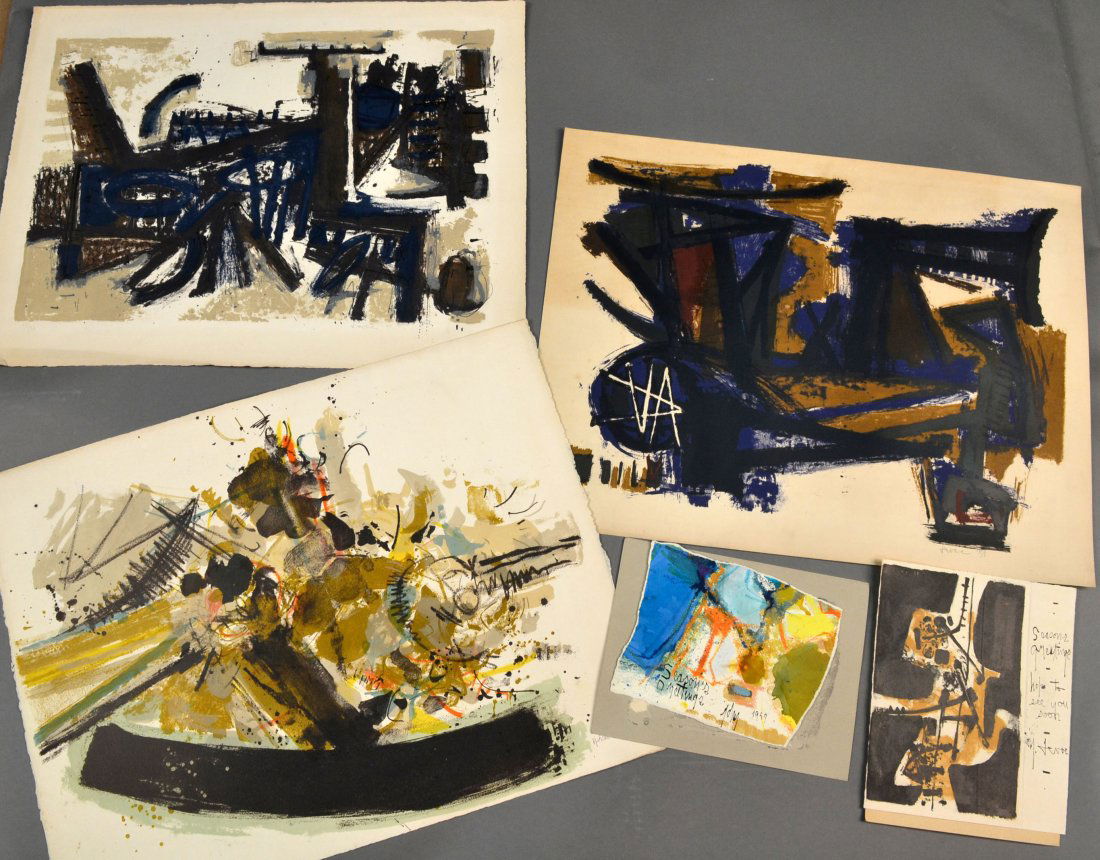 John Harrison Levee (American, b. 1924): (1) Untitled (Abstract with blue). Color lithograph, 1955. Signed (l.r.), dated (l.r.), numbered 19/50 (l.l.). Sheet size 19 1/2 x 25 1/2 inches. Unframed. (2) Untitled (Brown and blue abstract). Colo