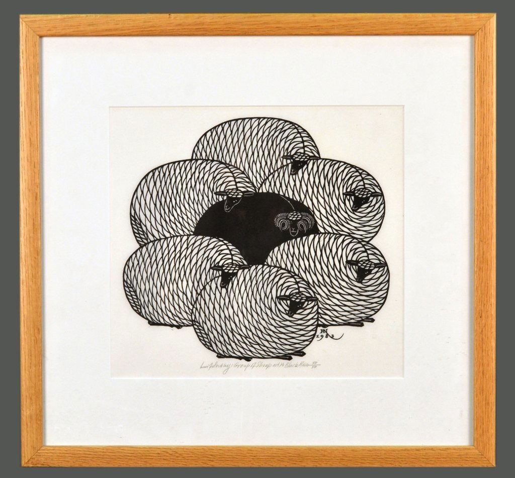 Jacques Hnizdovsky (American/Ukrainian, 1915-1985): Group of Sheep with Black Ram. Woodcut, 1983. Signed and titled (l.c.), initialed and dated in plate (l.r.). Sight size 12 1/4 x 13 1/4 inches. Matted and framed.