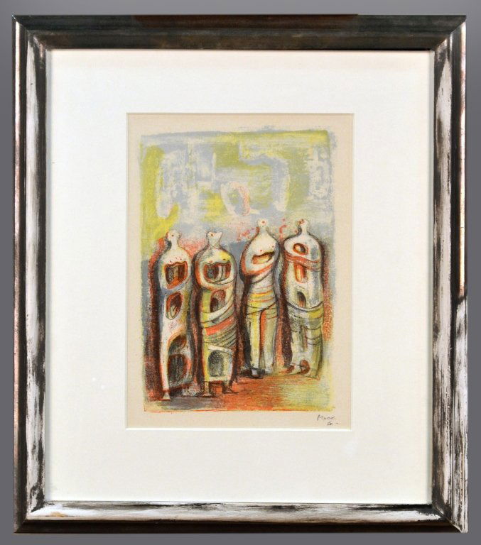 Henry Moore (British, 1898-1986): The Four Sketches (Cramer 354). Color Lithograph, 1950, on Marais, printed by Mourlot Freres, Paris. Signed and dated in pencil (l.r.), edition of 183. Sight size 13 18 x 9 1/2 inches. Matted and Fram