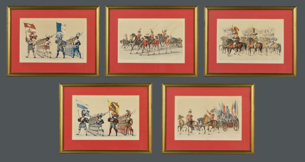 Five Etchings (German School, 20th Century): Five colored etchings. Each sight size 11 1/2 x 17 1/4 inches. Matted and framed