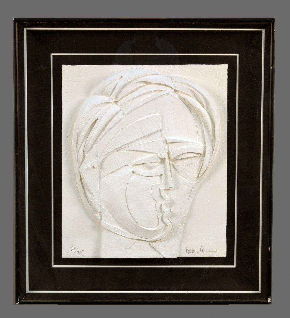 Anthony Quinn (American, 1915-2001): Untitled (portrait). Poured white vellum relief sculpture. Signed (l.r.), Numbered 30/95 (l.l.). Sight size2 x 21 inches. Framed.