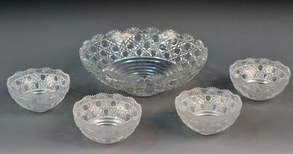 Set of Cut Glass Epergne Dishes: Comprising the center bowl and four dishes. Center bowl, diameter 10 3/4 inches, center bowl base diameter 3 3/4 inches, small bowls base diameter