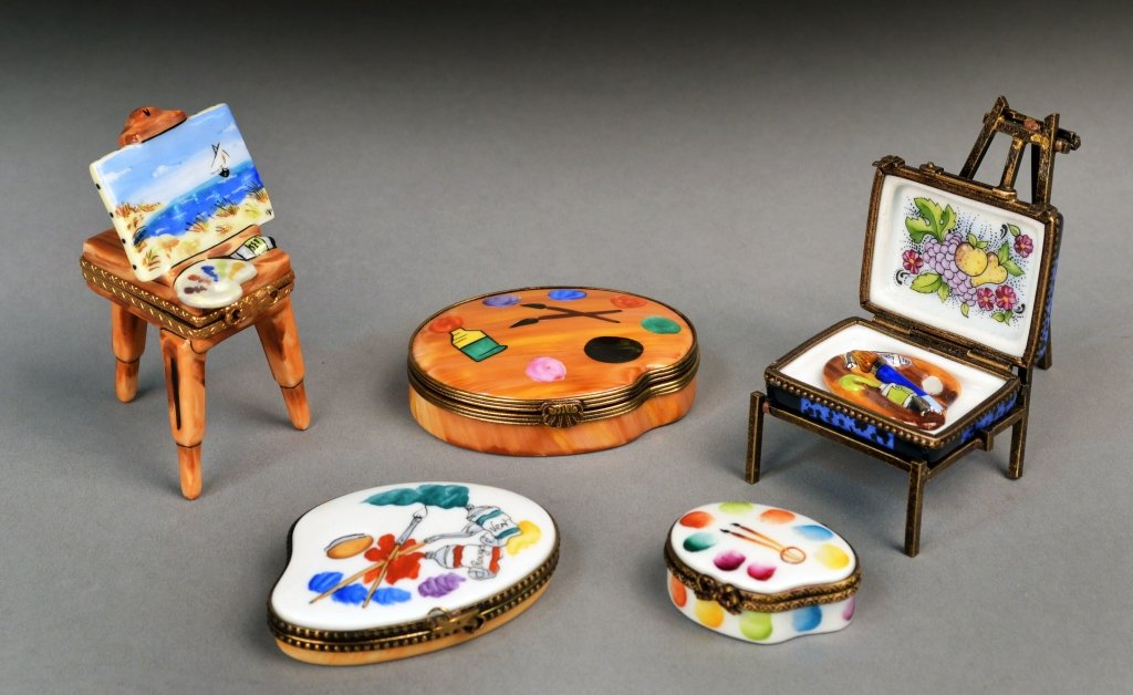 Five Limoges Porcelain Trinket Boxes: In the form of various artist's ephemera, pallets, easels, etc.