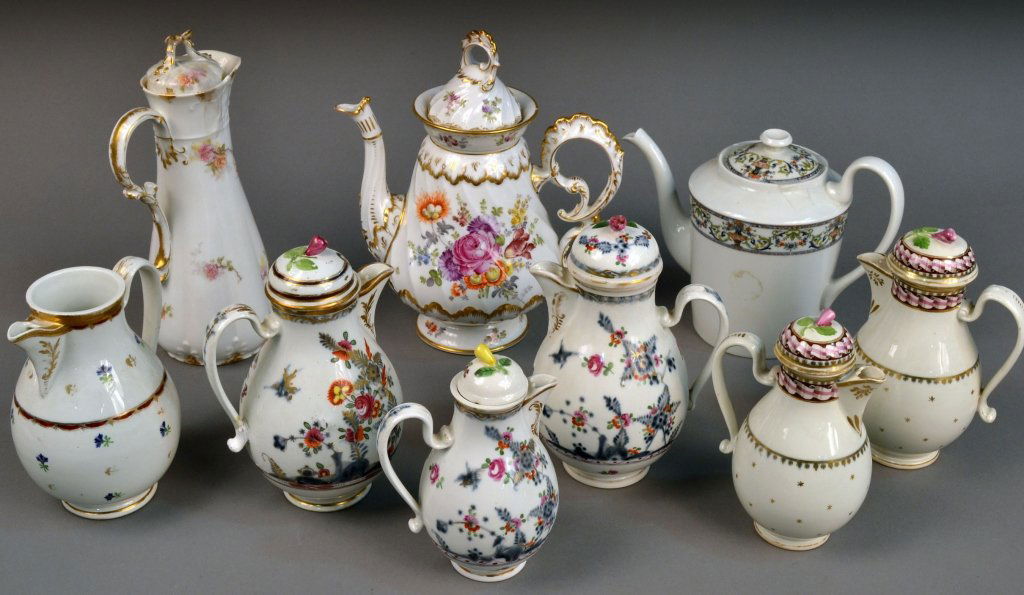 Group of English & Continental Porcelain Articles: Mostly teapots and coffee pots, various makers and patterns.