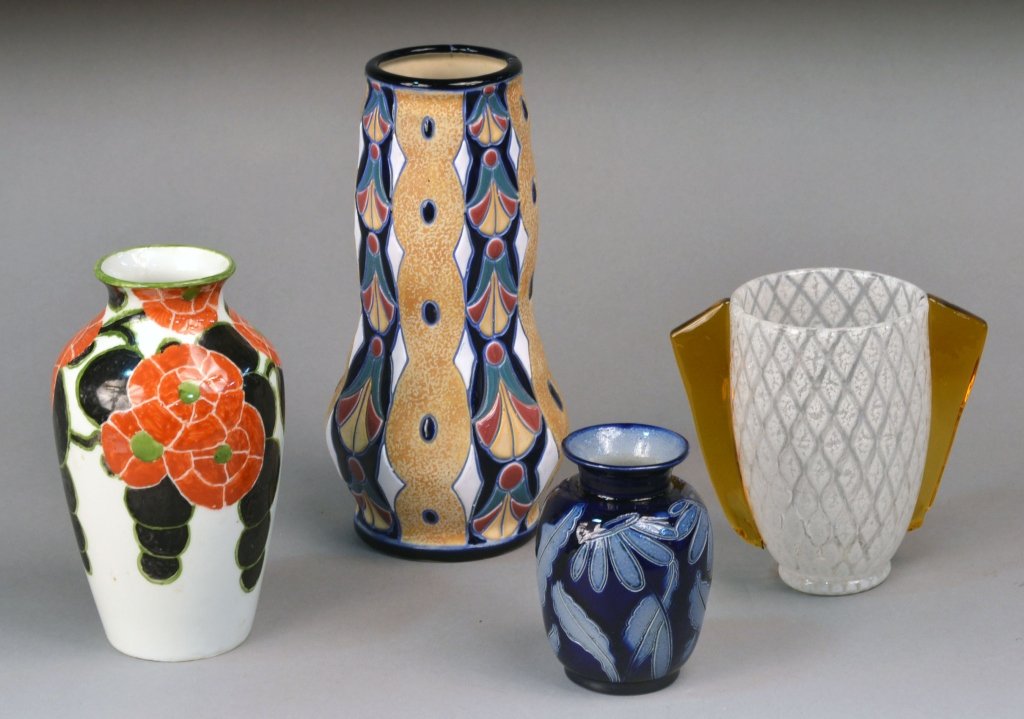Four Vases: (1) Amphora, height 10 1/4 inches; (2) circa 1920 possibly Loetz; (3) porcelain marked TR; (4) Alsace stoneware artist signed