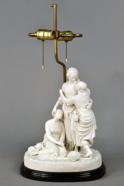 Parian Figural Lamp: Allegorical scene with three figures. Height 13 inches.