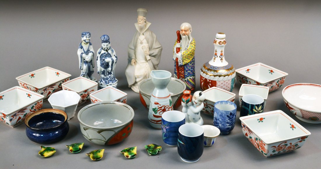 Group of Asian Table Decorations: Including bowls, cups, dishes, bottles and figures. Tallest 11 1/2 inches.