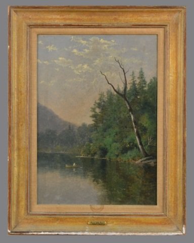 David John Gue (American, 1836-1917): River scene. Oil on canvas. 14 x 10 1/8 inches.