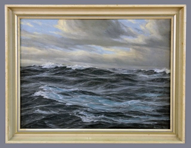 German School (20th Century): Untitled (Seascape). Oil on masonite, 1960. Signed "Ressel" (l.r.), dated (l.r.). Board size 17 1/4 x 23 3/4 inches. Framed.