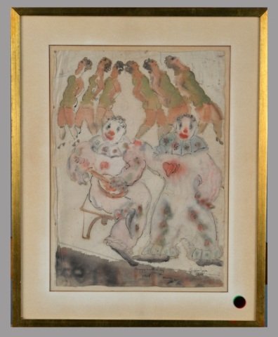 Chaim Gross (American, 1904-1991): Circus. Watercolor, 1926. Signed and dated (l.r.), inscribed "Happy Birthday Max, 1958, Chiam" (l.c.). Sheet size 14 1/2 x 10 1/2 inches. Mounted and Framed. Provenance: Property from the Estate of Ir