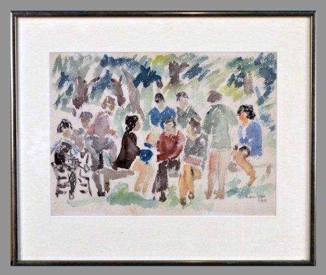 Chaim Gross (American, 1904-1991): People in the Park. Watercolor and pencil on paper, 1929. Signed and dated in pen (l.r.), titled (verso). Sight size 9 5/8 x 13 3/8 inches. Matted and framed. Provenance: Forum Gallery, New York, NY. 