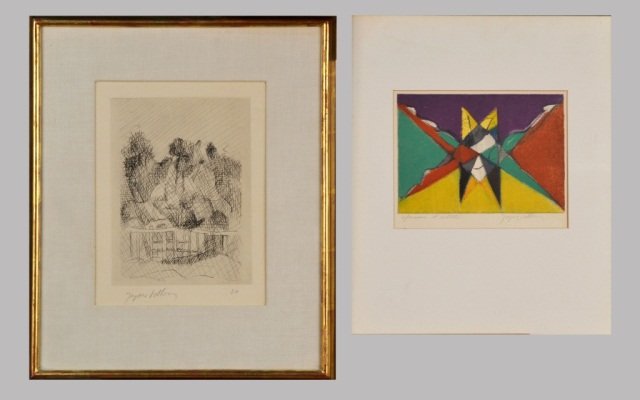 Two prints by Jacques Villon (French, 1873-1963): (1) Abstraction. Color Lithograph, circa 1950's. Signed in pencil (l.r.), numbered "epreuve d'artist" (l.l.). Sheet size 12 7/8 x 11 1/2 inches. Matted. Provenance: Ex. Coll: Beatrice Stein Steegmulle